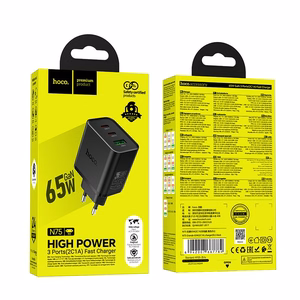 Hoco verkkolaturi 2x USB-C + USB-A QC3.0 PD 3A 65W N75 musta