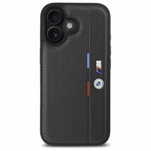 BMW M Perforated Tricolor Detail Line Suojakuori iPhone 16:lle - tummanharmaa