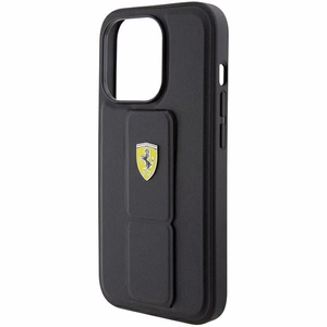 Ferrari Grip Stand Metal Logo Suojakuori iPhone 15 Prolle - musta