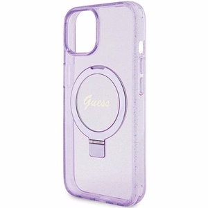 Guess Ring Stand Script Glitter MagSafe Suojakuori iPhone 15 Plus / 14 Pluslle - violetti