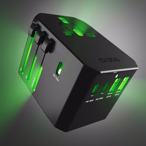 SBS Universaali GaN Matkasovitin 70W 3xUSB-C 2xUSB-A kotelolla - musta