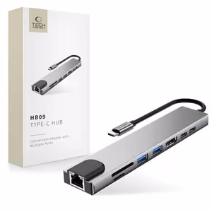 Tech-Protect HB09 USB hub 8in1 TYPE-C + USB-A 3.0 + USB-C 3.0 + HDMI 4K 60HZ + SD/TF + PD100W + RJ45 1000 MB/S - gray