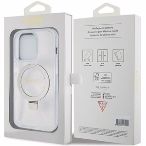 GUESS Suojakuori IPHONE 15 Prolle MagSafe-yhteensopiva GUHMP15LHRSGSD (Glitter Script Logo Ring stand) läpinäkyvä
