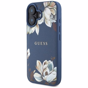 Guess suojakuori iPhone 16:lle MagSafe-tuella GUHMP16SPGNMPLMB (PU Grained Flowers Classic Logo) - sininen