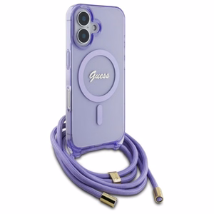 Guess Crossbody Cord Script MagSafe suojakuori iPhone 16:lle - violetti