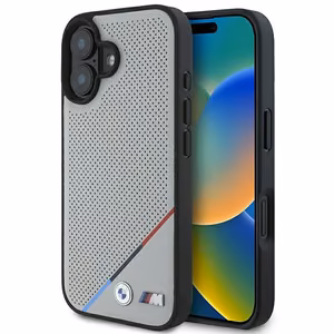 BMW M Perforated Tricolor Line MagSafe Suojakuori iPhone 16:lle - harmaa