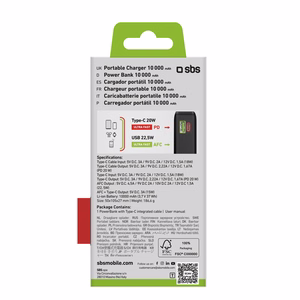 Powerbank SBS 20000 mAh 20W, jossa on sisäänrakennettu USB-C-kaapeli ja digitaalinen näyttö - musta