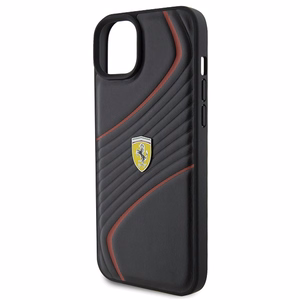 Ferrari Twist Metal Logo Suojakuori iPhone 15 Plus:lle - musta