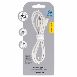 Blavec kaapeli Candy punottu - USB - Type C - PD 60W 3A 1 metri Apple CarPlay/Android Auto (CCA-UC3W10) valkoinen