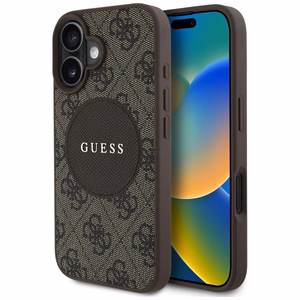 Guess HC MagSafe PU 4G Circle Classic Logo Suojakuori iPhone 16:lle - ruskea