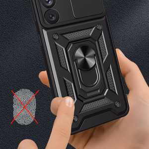 Hybrid Armor Camshield Suojakuori Samsung Galaxy S23+:lle panssaroitu kuori kamerasuojalla punainen