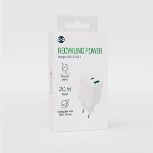 Forever kierrätetty seinälaturi USB + USB-C 20W LSR20-AC-00, valkoinen