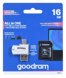 GoodRam muistikortti 16 GB microSDHC luokka 10 UHS-I + sovitin + kortinlukija