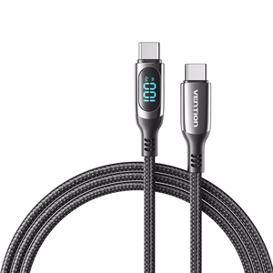 Vention puuvillapunos USB 2.0 C Male–C Male 5A -kaapeli LED-näytöllä 1.2M, musta, sinkkiseos