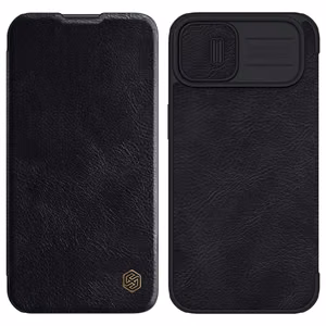 Nillkin Qin Nahka Pro Case iPhone 14 Plus kamera kansi Holster kansi Flip Case musta