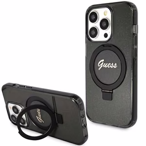 Guess Ring Stand Script Glitter MagSafe Suojakuori iPhone 15 Prolle - musta