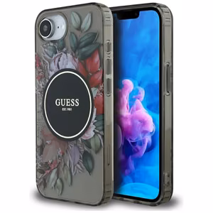 GUESS IML Flowers MagSafe Alkuperäinen Suojakuori iPhone 17e/16e:lle - Musta
