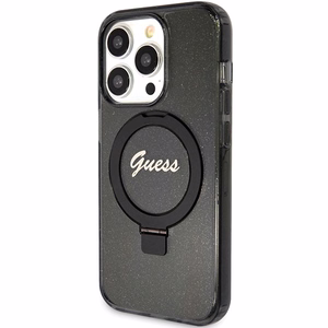 Guess Ring Stand Script Glitter MagSafe Suojakuori iPhone 15 Prolle - musta