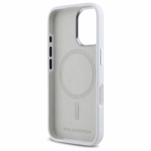 Karl Lagerfeld Silikoninen Initial Metal Logo MagSafe suojakuori iPhone 16:lle - valkoinen