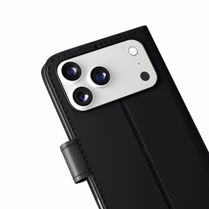 Puro Wallet Stand suojakuori iPhone 17 Pro:lle - ekotekonahkainen lompakko- ja jalustakuori, musta