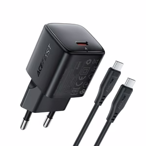 Acefast A118 -laturi 30 W GaN USB-C + USB-C - USB-C -kaapeli 1,2 m musta