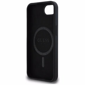 Guess HC Silikoninen Script Metal Logo Suojakuori iPhone 16e:lle - Musta