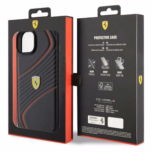 Ferrari Twist Metal Logo Suojakuori iPhone 15 Plus:lle - musta