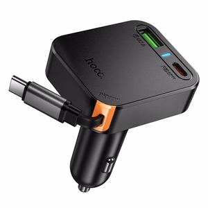 Autolaturi Hoco sisäänvedettävällä kaapelilla 2 x USB C + USB A QC PD 65W NZ18 musta