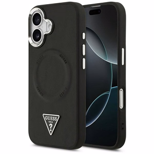 Guess MagSafe PU Nahkainen Suojakuori Triangle Logo -logolla ja hopeisella metallikamerakehyksellä iPhone 17:lle - Musta