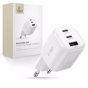 Tech-Protect NCA100W-GaN 3-liitäntäinen 100 W PD 3.2/QC 3.0 -verkkolaite – valkoinen