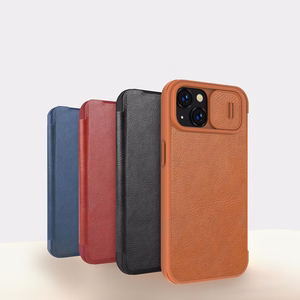 Nillkin Qin Nahka Pro Case iPhone 14 Plus kamera kansi Holster kansi Flip Case ruskea