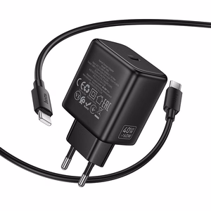 Puhelimen GaN-laturi Hoco USB C PD AVS 40W max 60W ja USB C–USB C kaapeli N83 musta