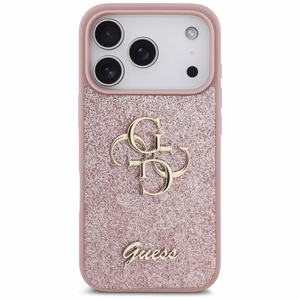 Guess PU Fixed Glitter 4G Metal Logo -kuori Apple iPhone 18 Pro -puhelimelle, vaaleanpunainen