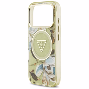GUESS IML Glitter Flowers Triangle MagSafe -suojakuori iPhone 17 Pro Max - vihreä