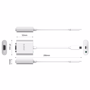 Orico PTAV sovitin USB-C–VGA ja 3,5 mm, Full HD, 0,15 m – hopeanvärinen
