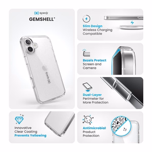 Läpinäkyvä Speck GemShell -suojakuori iPhone 16 Plus -puhelimelle