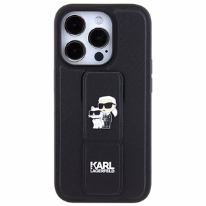 Karl Lagerfeld Gripstand Saffiano Karl&Choupette Pins -suojakuori iPhone 13 Pro / 13:lle - musta