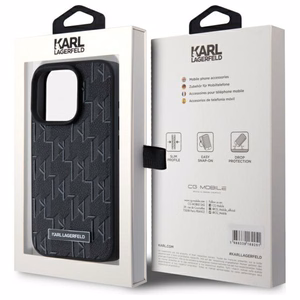 Karl Lagerfeld Leather Monogram Metal Logo MagSafe iPhone 15 Pro Suojakuori - Musta