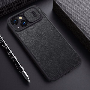 Nillkin Qin Nahka Pro Case iPhone 14 Plus kamera kansi Holster kansi Flip Case ruskea