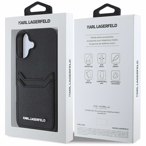 Karl Lagerfeld HC Grained PU Cardslot Metal Elong iPhone 16 Suojakuori - Musta