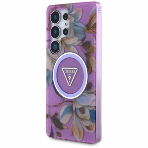 Guess Glitter Flowers Triangle Buttons MagSafe case for Samsung Galaxy S25 Ultra - purple