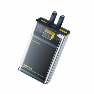 WEKOME WP-325 Vanguard Series varavirtalähde, 20000 mAh, PD 20 W + QC 22,5 W, sisäänrakennetuilla USB-C- ja Lightning-kaapeleilla, musta ja läpinäkyvä