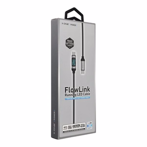 X-ONE FlowLink -datakaapeli juoksevalla LED-valolla – C–C-tyyppinen – 5A, enintään 100W, 1,2m, musta
