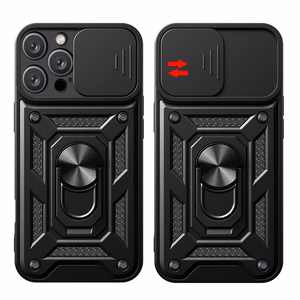 Hybrid Armor Camshield Panssaroitu Suojakuori iPhone 16 Pro Max:lle kameransuojalla ja jalustalla - Musta