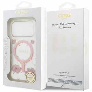 Guess Resin Flowers Glitter MagSafe -kuori iPhone 17 Pro pinkki