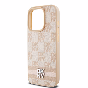 DKNY Nahkainen Checkered Mono Pattern & Printed Stripes Suojakuori iPhone 15 Pro:lle - vaaleanpunainen