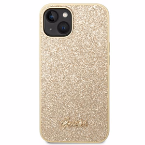 Guess Glitter Script kotelo iPhone 14 Plus - kultainen