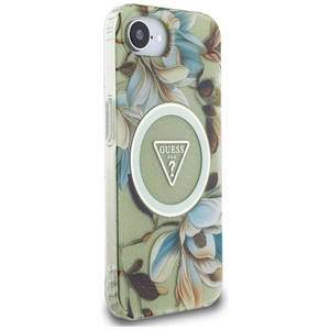 Guess IML Metal Glitter Flowers Triangle MagSafe iPhone 16e Case - Green