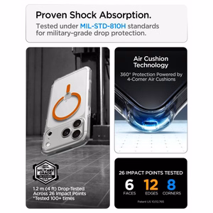 Spigen Ultra Hybrid MagSafe -suojakuori iPhone 18 Pro / 17 Pro -malleille, läpinäkyvä oranssi
