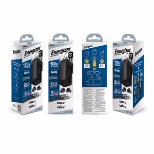 Energizer Ultimate A65MUC GaN-matkalaturi EU-, UK- ja US-pistokkeilla, USB-C + USB-A, 65 W PD, USB-C-kaapelilla, musta